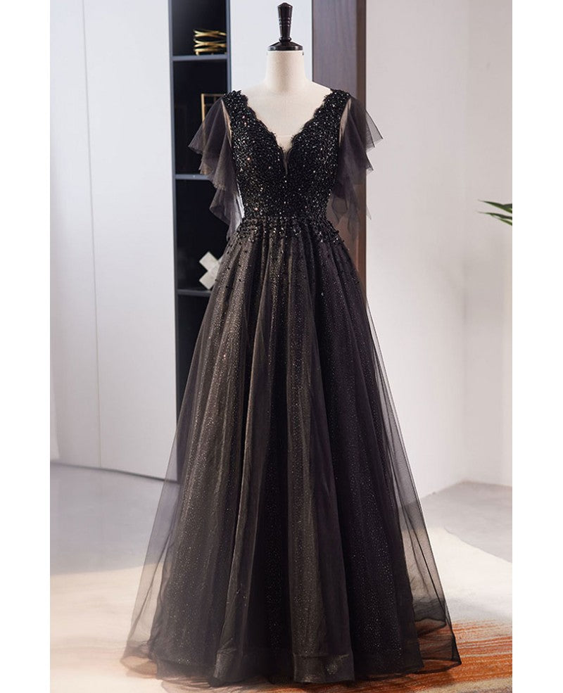 Black Princess V-Neck Chiffon Short Sleeve Backless Beaded Floor-Length Evening Dress - Chloe Dress