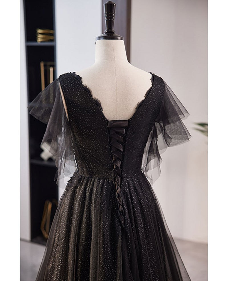 Black Princess V-Neck Chiffon Short Sleeve Backless Beaded Floor-Length Evening Dress - Chloe Dress