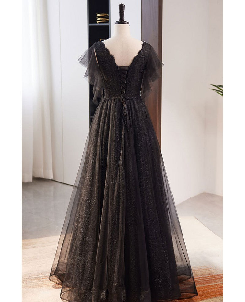 Black Princess V-Neck Chiffon Short Sleeve Backless Beaded Floor-Length Evening Dress - Chloe Dress