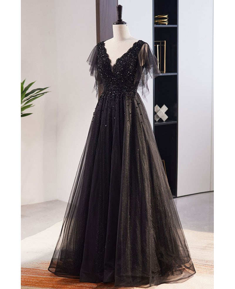 Black Princess V-Neck Chiffon Short Sleeve Backless Beaded Floor-Length Evening Dress - Chloe Dress