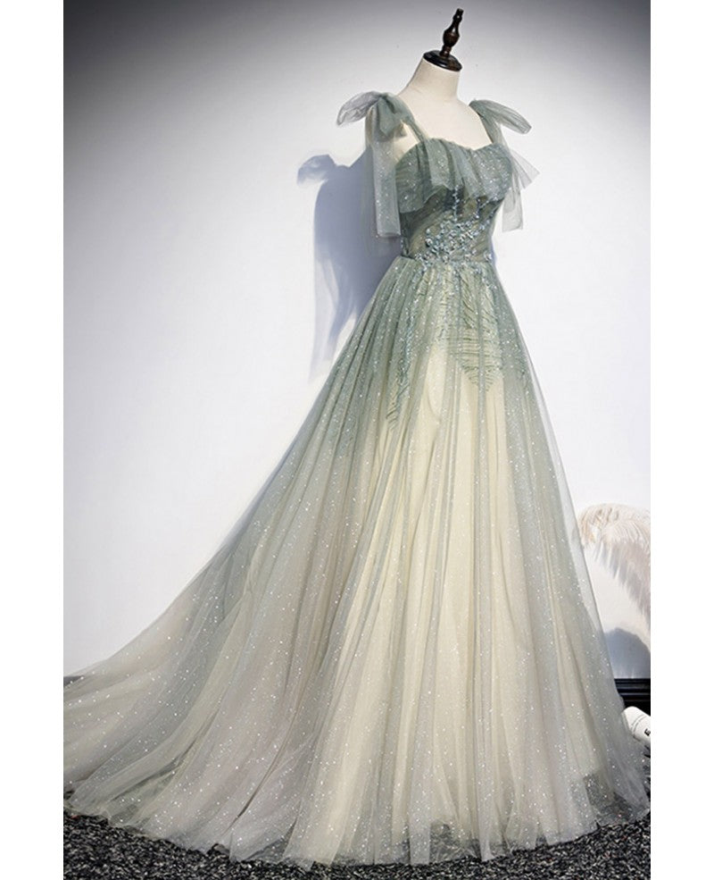 Sage Green A-Line Off-Shoulder Sequin Sleeveless Ruffled Evening Dress - Chloe Dress