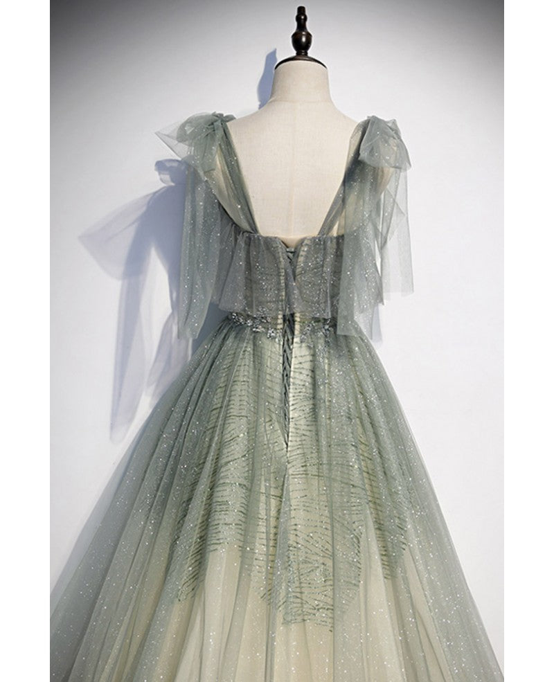Sage Green A-Line Off-Shoulder Sequin Sleeveless Ruffled Evening Dress - Chloe Dress