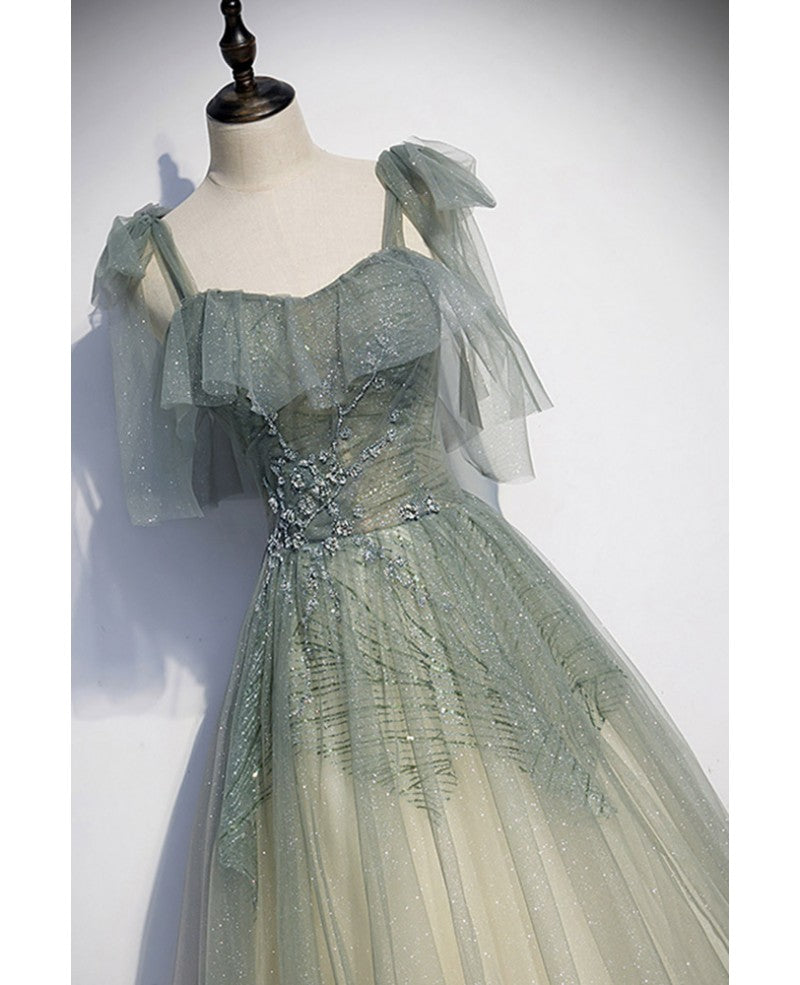 Sage Green A-Line Off-Shoulder Sequin Sleeveless Ruffled Evening Dress - Chloe Dress