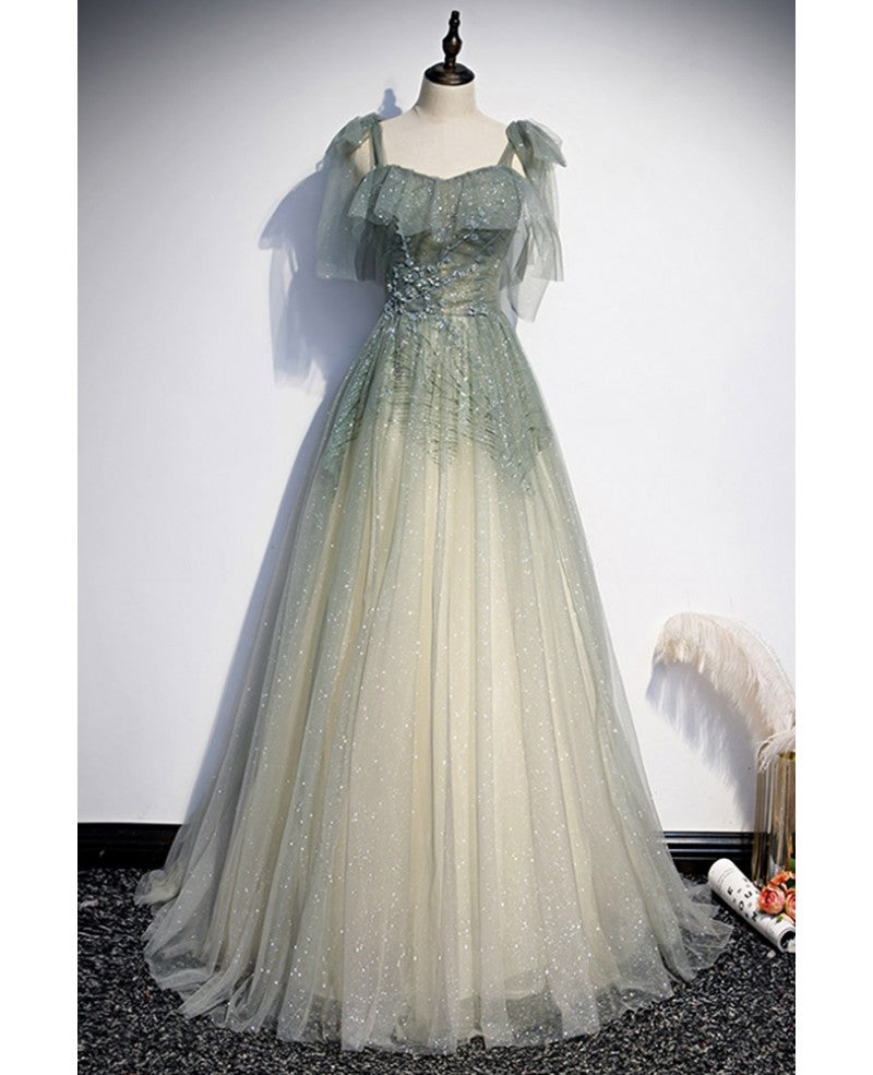 Sage Green A-Line Off-Shoulder Sequin Sleeveless Ruffled Evening Dress - Chloe Dress