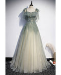Sage Green A-Line Off-Shoulder Sequin Sleeveless Ruffled Evening Dress - Chloe Dress