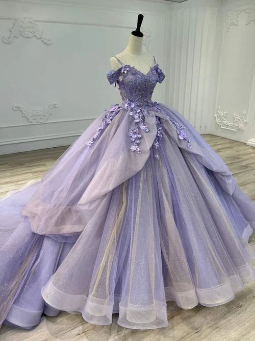 Lavender Off-Shoulder Sleeveless Train Tea-Length Dress - Chloe Dress