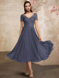 A-Line V-Neck Chiffon Short Sleeve Pleated Mini Dress - Chloe Dress