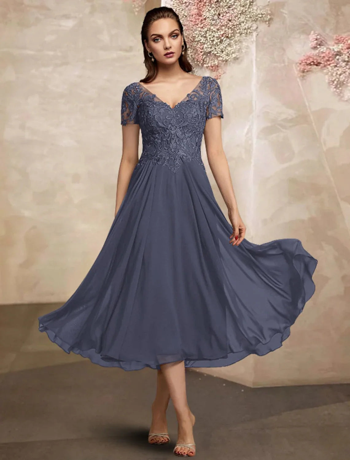 A-Line V-Neck Chiffon Short Sleeve Pleated Mini Dress - Chloe Dress