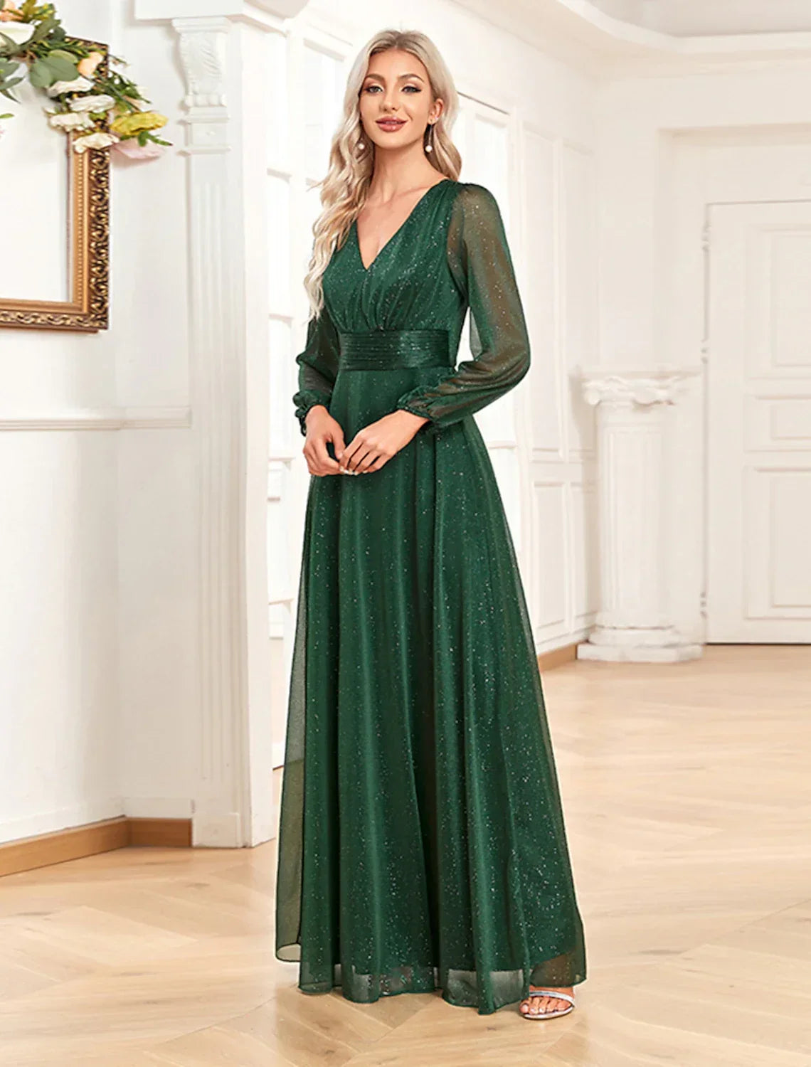 A-Line V-Neck Chiffon Long Sleeve Floor-Length Evening Gown - Chloe Dress