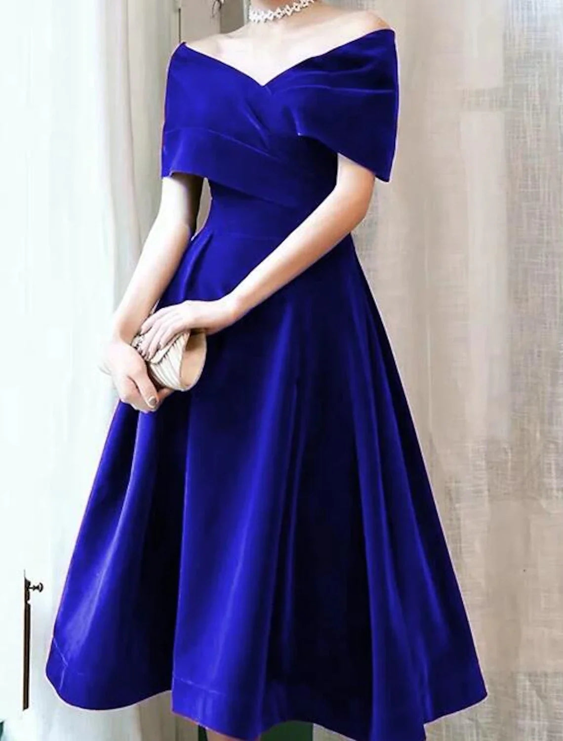 Black A-Line Off-Shoulder Velvet Short Sleeve Pleated Mini Wedding Dress - Chloe Dress