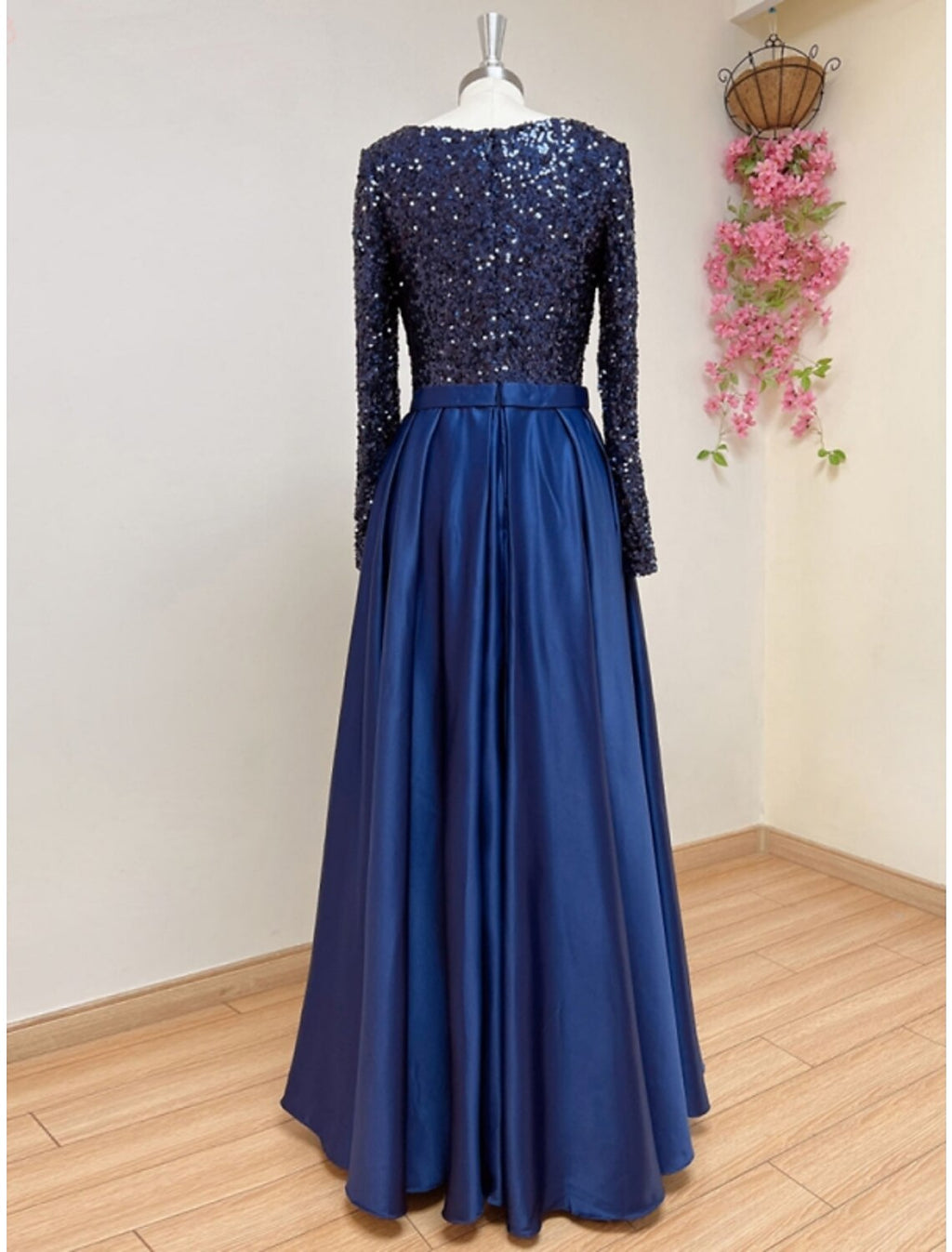 A-Line Square Neck Satin Long Sleeve Pleated Evening Gown - Chloe Dress