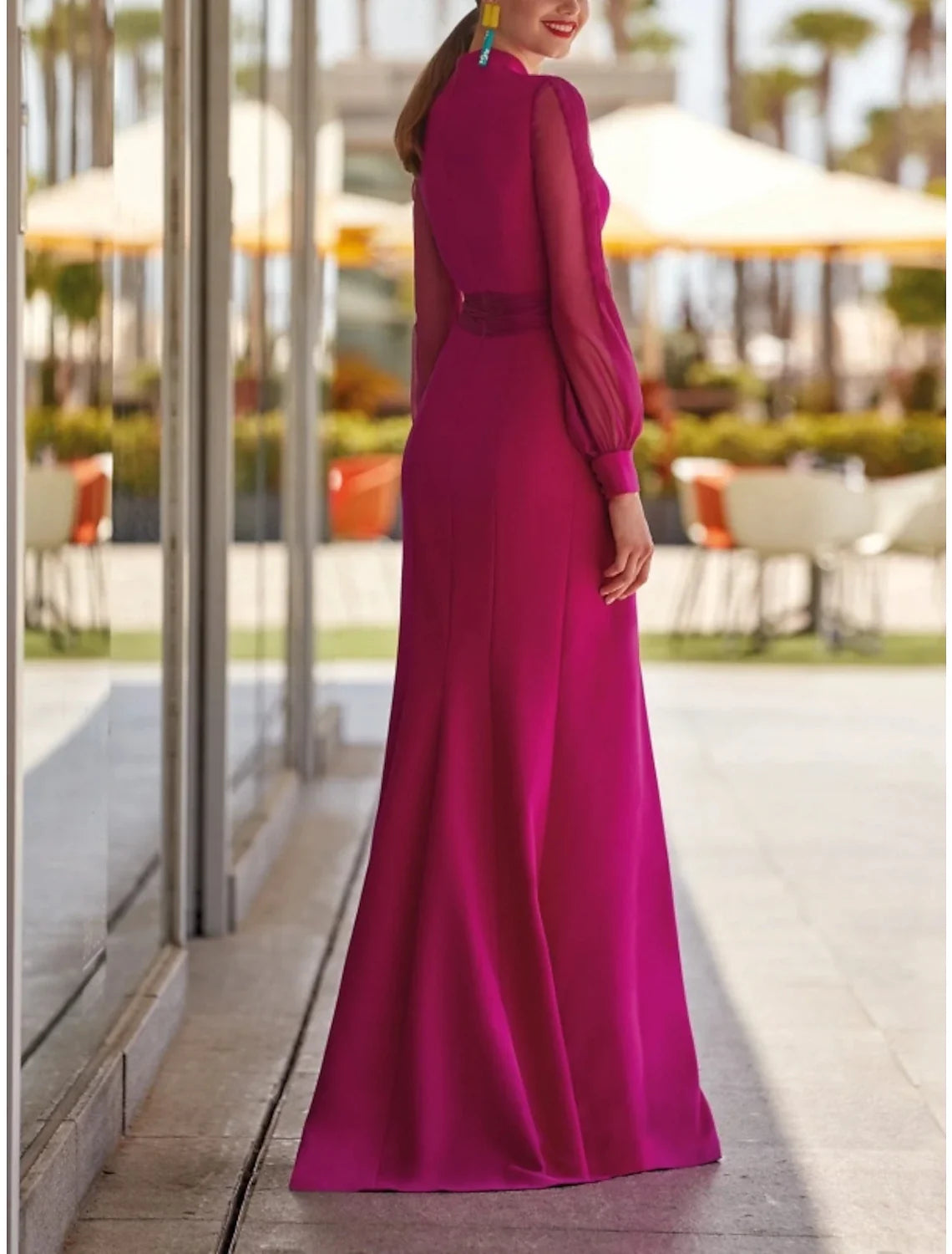 Sheath V-Neck Chiffon Long Sleeve High Slit Floor-Length Evening Gown - Chloe Dress