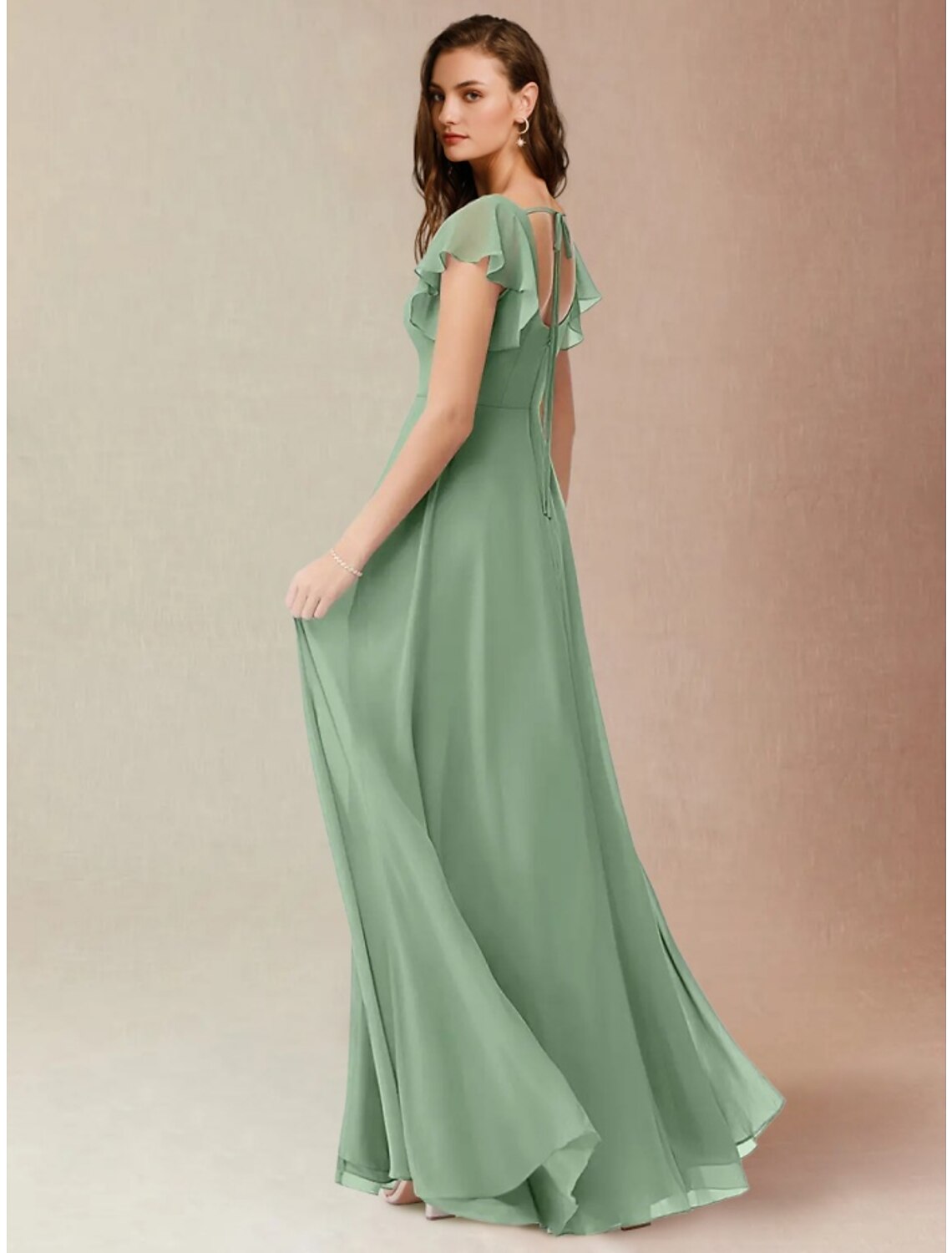 A-Line Square Neck Chiffon Short Sleeve Floor-Length Wedding Dress - Chloe Dress