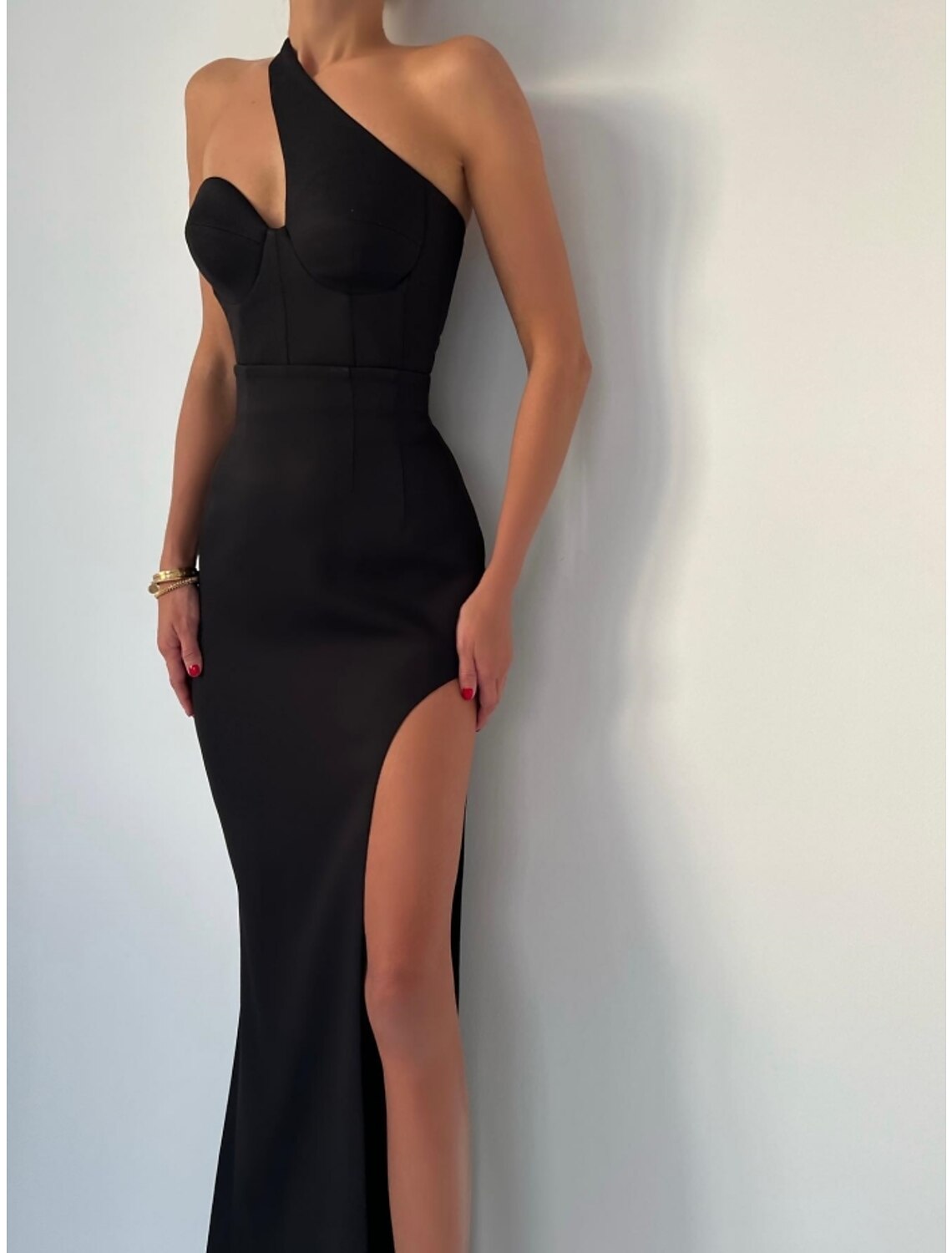 Black Mermaid One-Shoulder Sleeveless High Slit Floor-Length Evening Gown - Chloe Dress