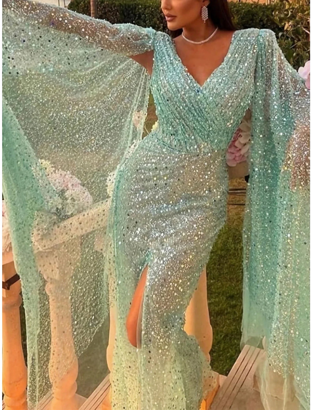 A-Line V-Neck Sequin Long Sleeve Pleated Floor-Length Evening Gown - Chloe Dress