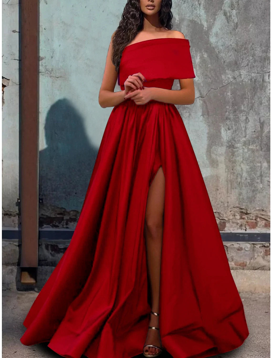A-Line One-Shoulder Satin Short Sleeve High Slit Floor-Length Prom Dress - Chloe Dress