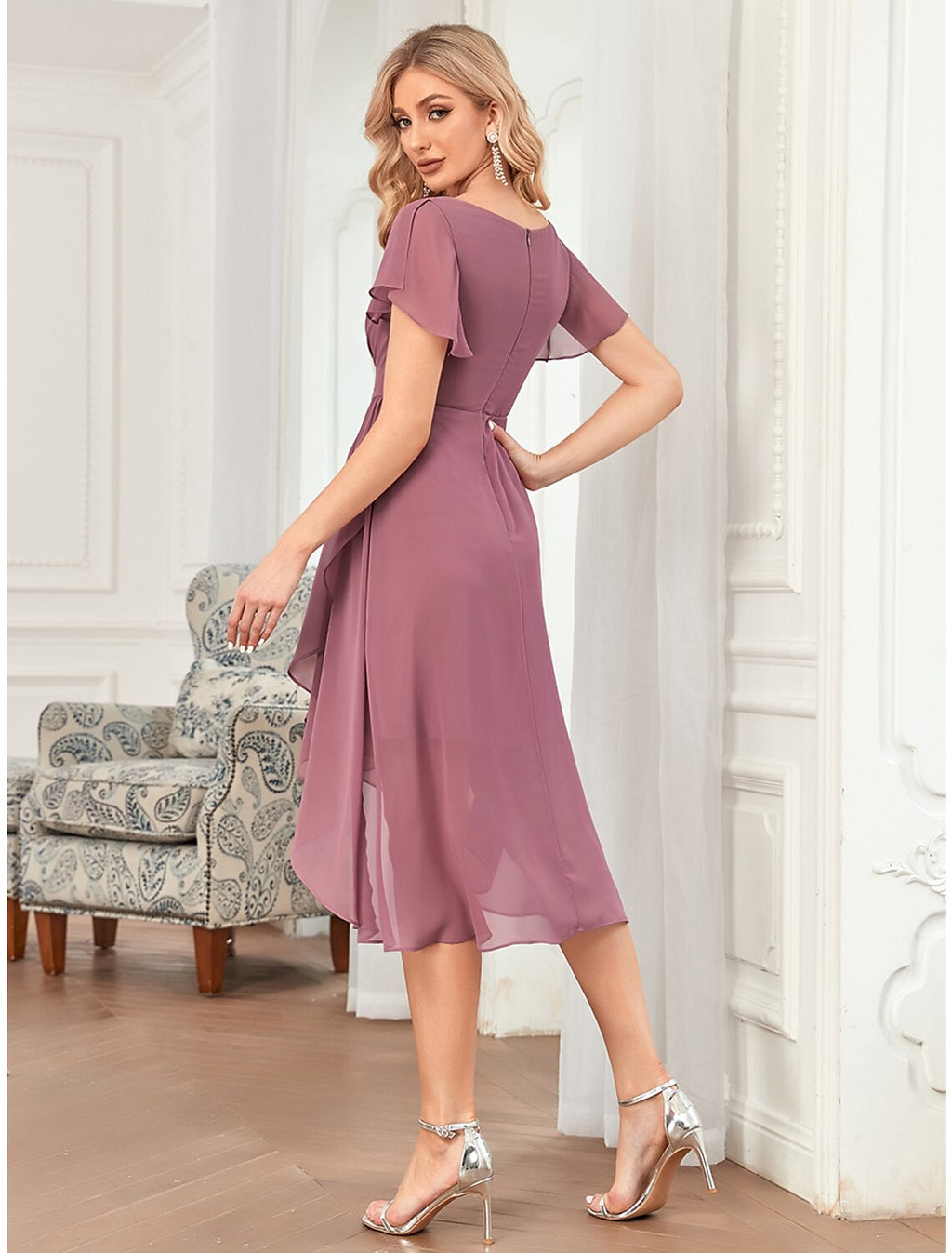 A-Line Plunging Chiffon Sleeveless Ruffled Mini Wedding Dress - Chloe Dress