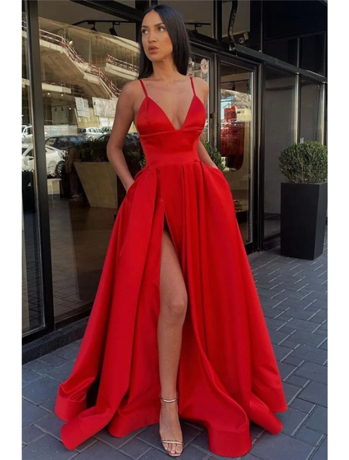Black A-Line Spaghetti Strap Satin Sleeveless Pleated Evening Dress - Chloe Dress