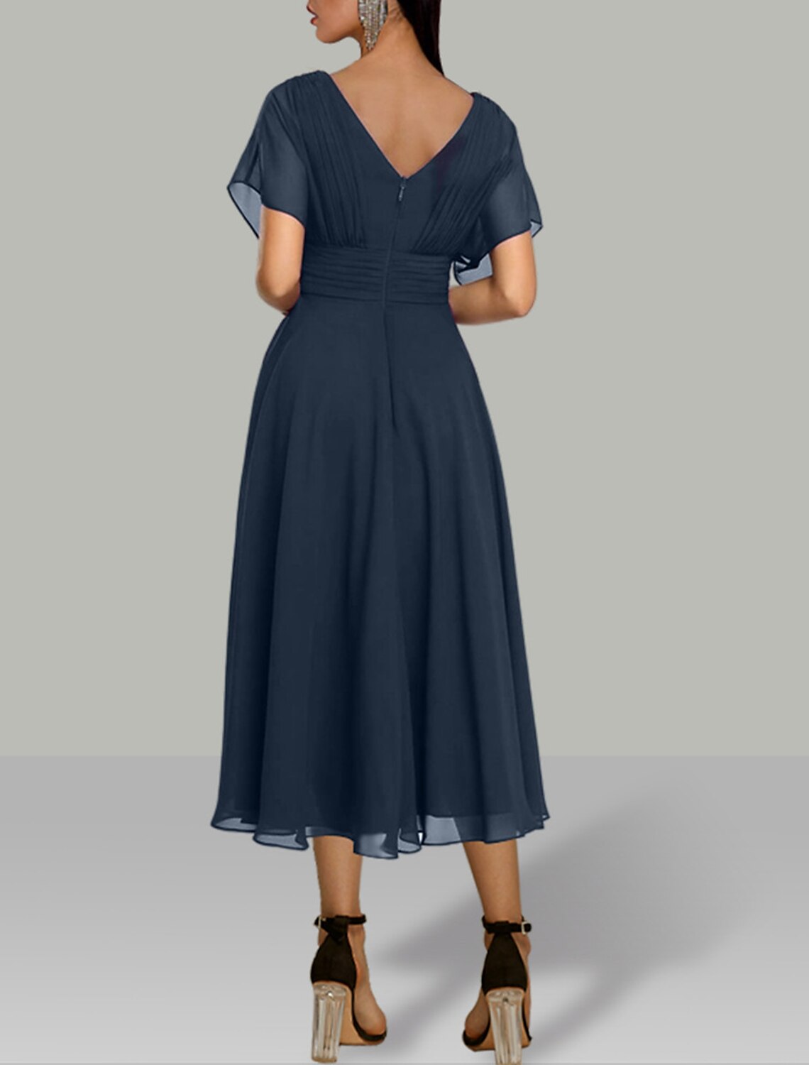 JiMiss Tea-Length Chiffon Wedding Guest Dress with V-Neck
