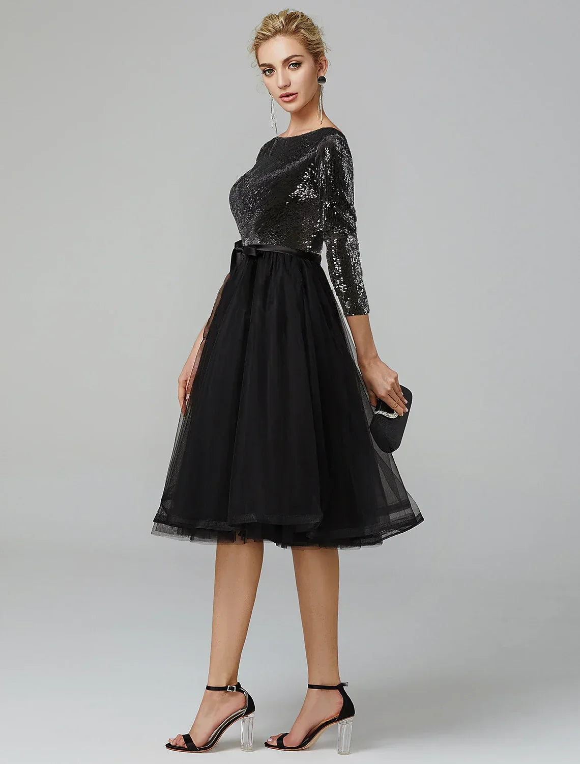 A-Line Tulle Three-Quarter Sleeve Tea-Length Wedding Dress - Chloe Dress