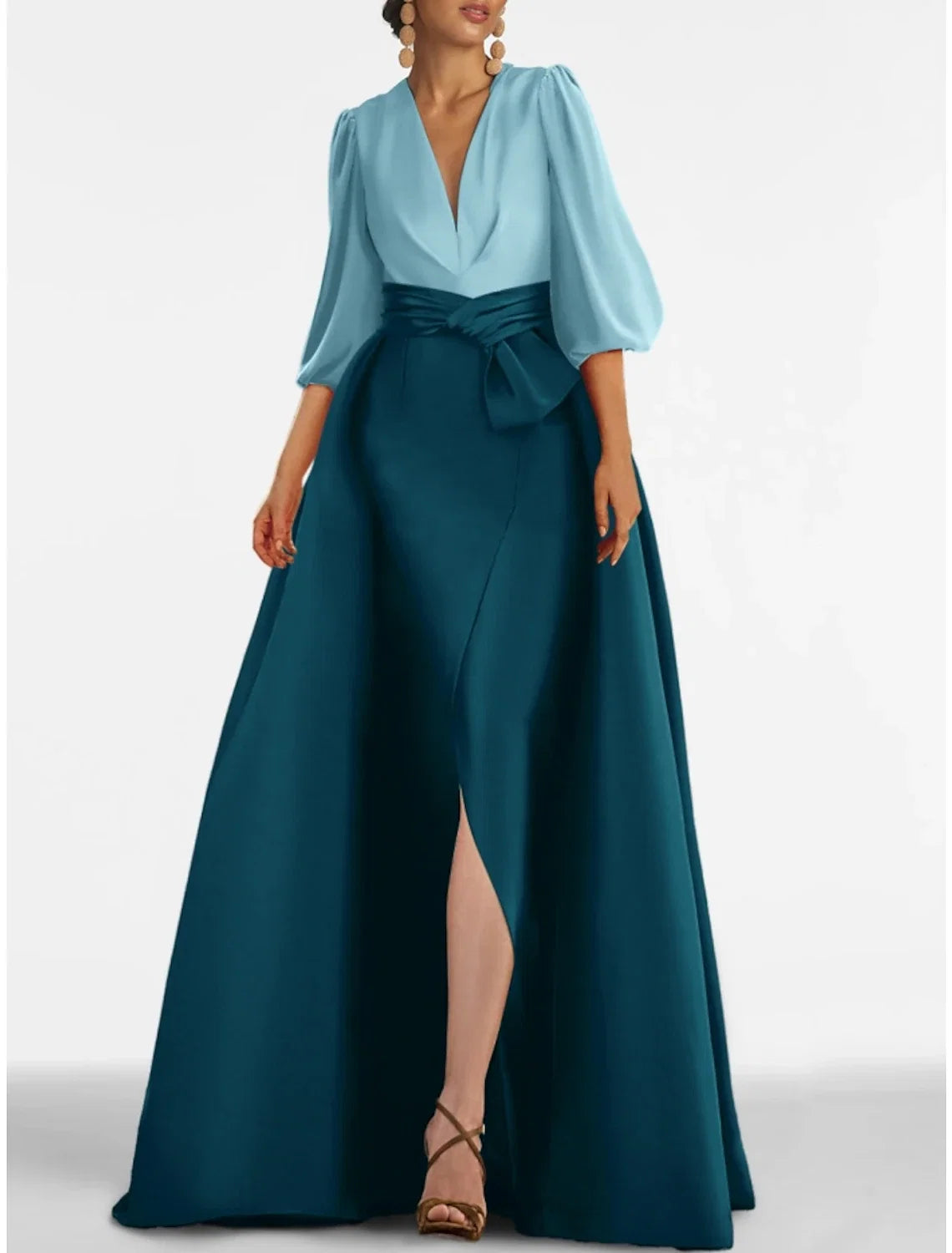 A-Line V-Neck Satin High Slit Evening Gown - Chloe Dress