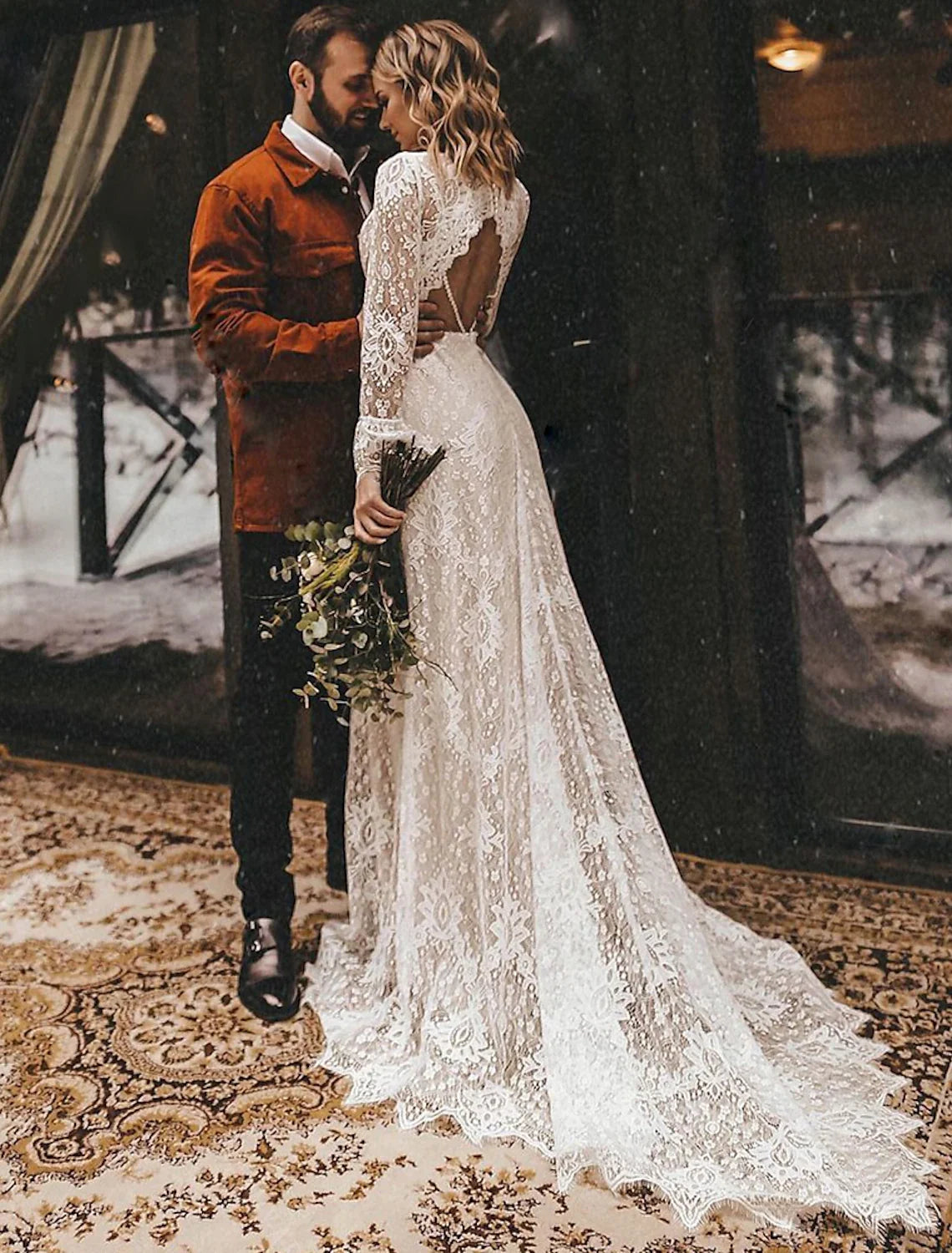 A-Line V-Neck Lace Long Sleeve Open Back Train Wedding Gown - Chloe Dress