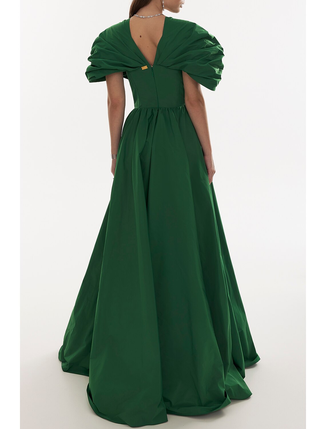Black A-Line V-Neck Satin Short Sleeve Pleated Floor-Length Evening Gown - Chloe Dress