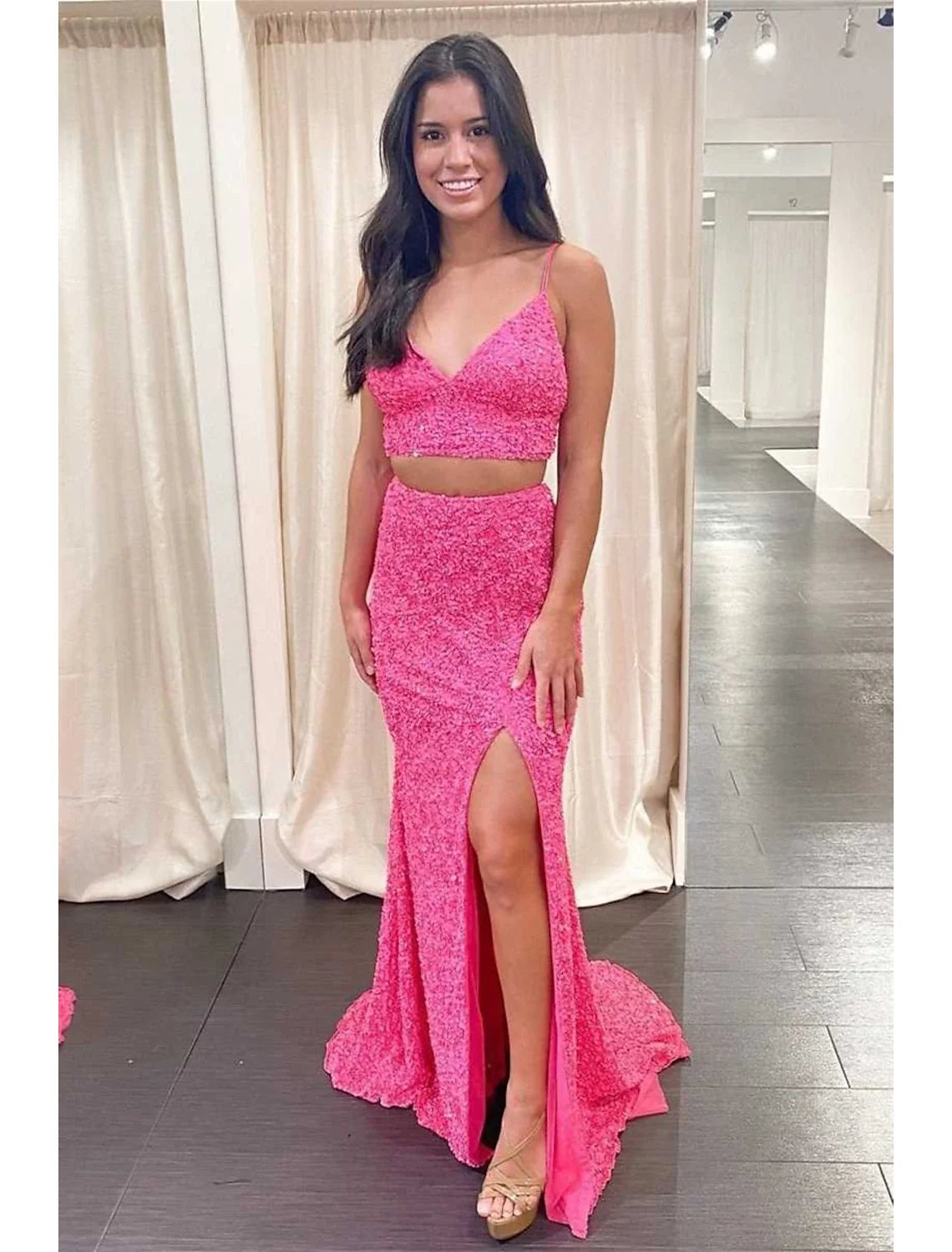 Mermaid Spaghetti Strap Sequin Sleeveless Backless High Slit Prom Gown - Chloe Dress