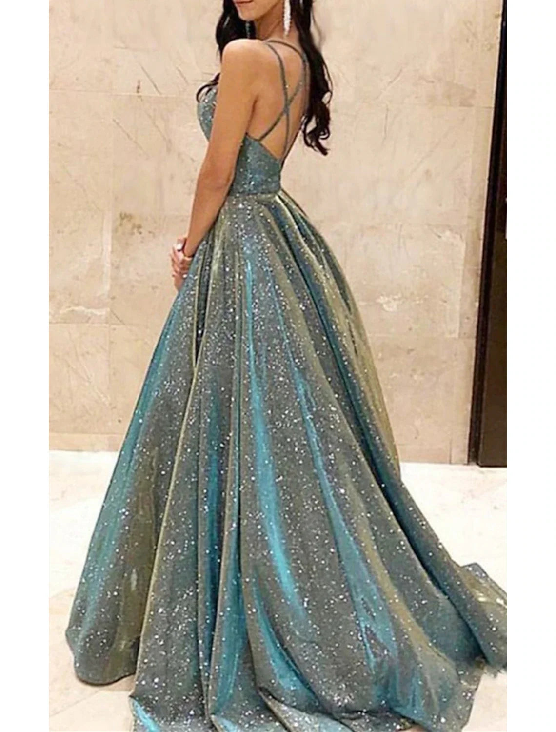 A-Line Spaghetti Strap Sequin Sleeveless Train Prom Dress - Chloe Dress