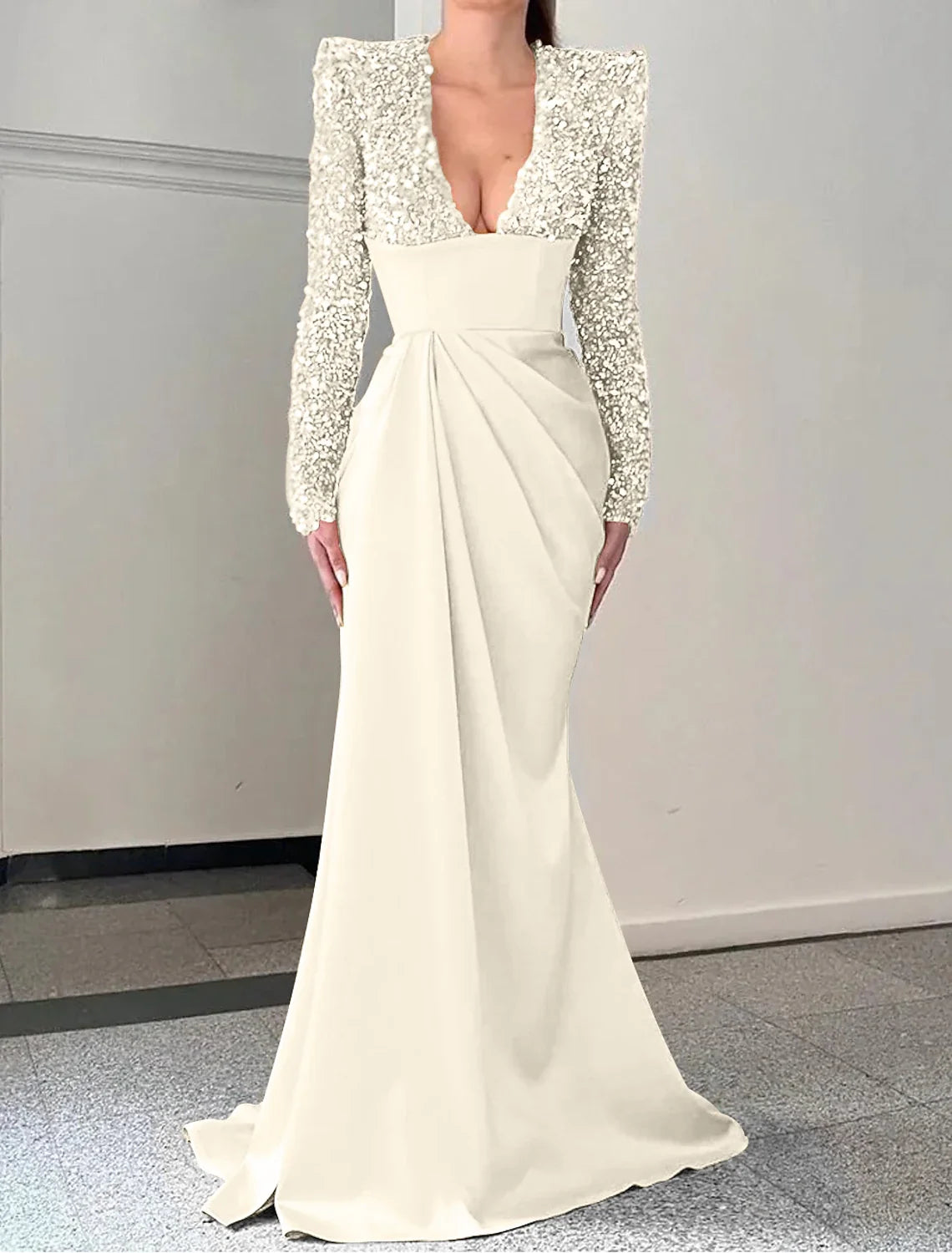 Mermaid V-Neck Satin Long Sleeve Pleated Evening Gown - Chloe Dress