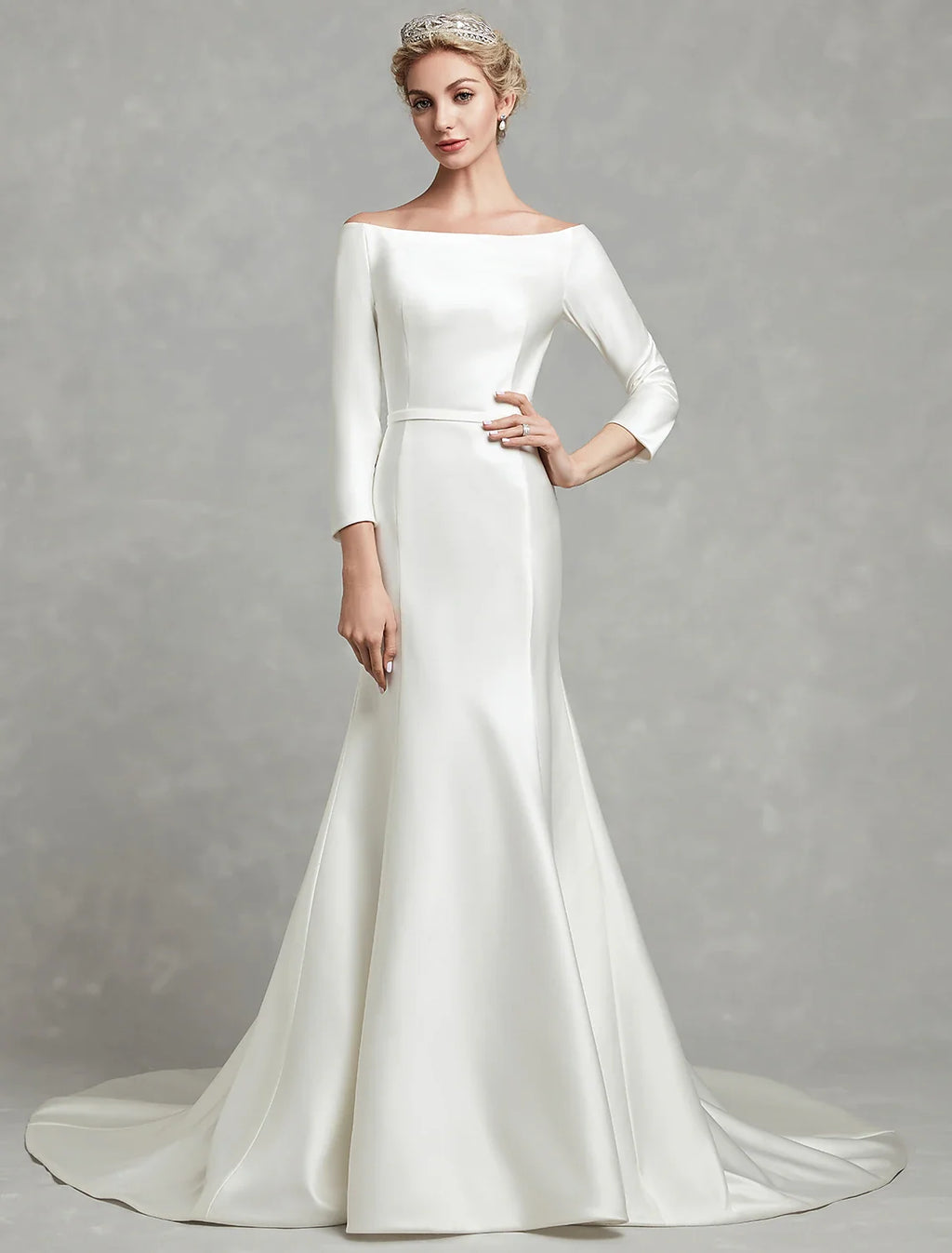 Mermaid Off-Shoulder Satin Three-Quarter Sleeve Pleated Wedding Gown - Chloe Dress
