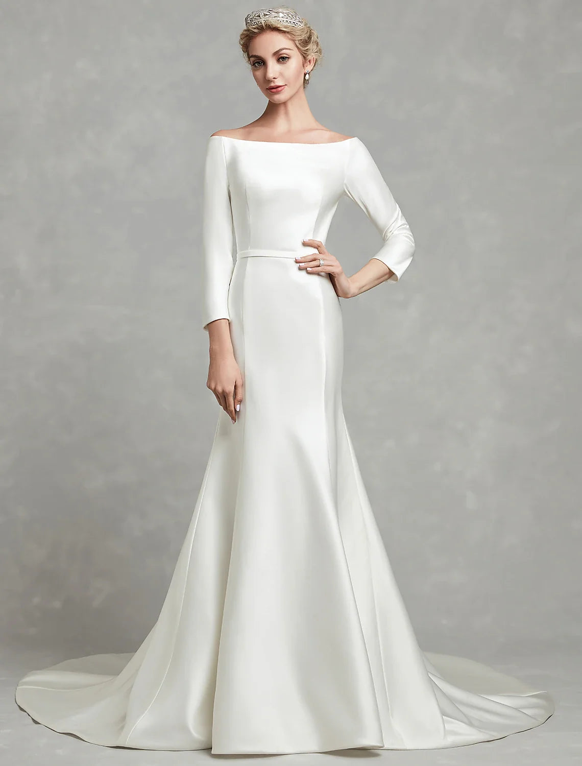 Mermaid Off-Shoulder Satin Three-Quarter Sleeve Pleated Wedding Gown - Chloe Dress