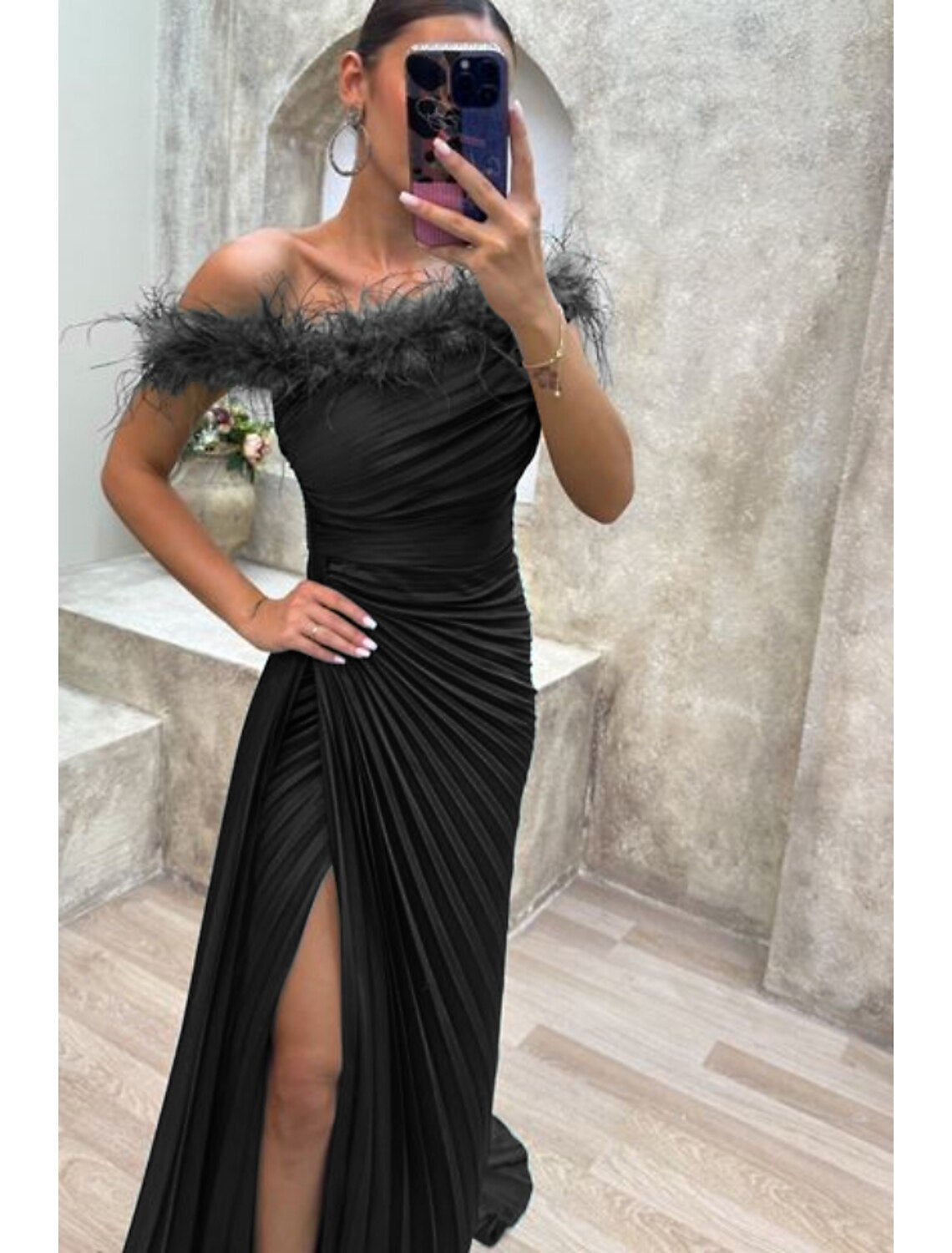 Black A-Line Off-Shoulder Satin Sleeveless High Slit Evening Gown - Chloe Dress