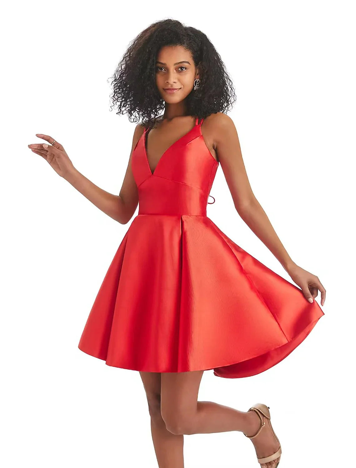 A-Line V-Neck Satin Sleeveless Backless Pleated Mini Homecoming Dress - Chloe Dress