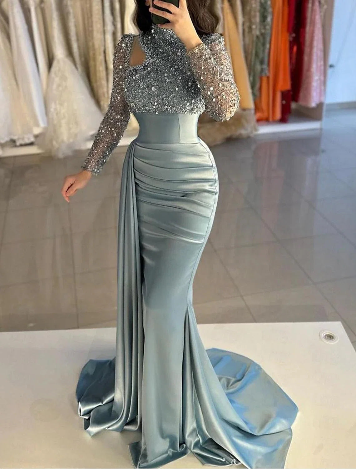 Mermaid High Neck Satin Long Sleeve Train Evening Gown - Chloe Dress
