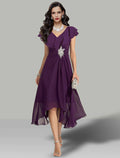 A-Line V-Neck Chiffon Short Sleeve Rhinestone Mini Wedding Dress - Chloe Dress