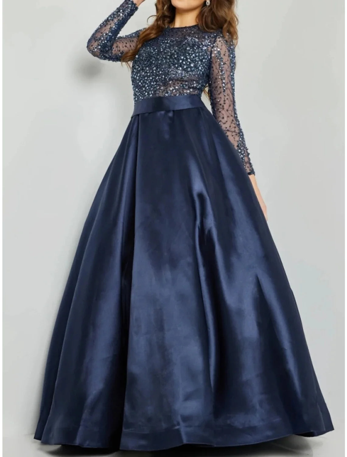 A-Line Sequin Long Sleeve Pleated Floor-Length Evening Gown - Chloe Dress