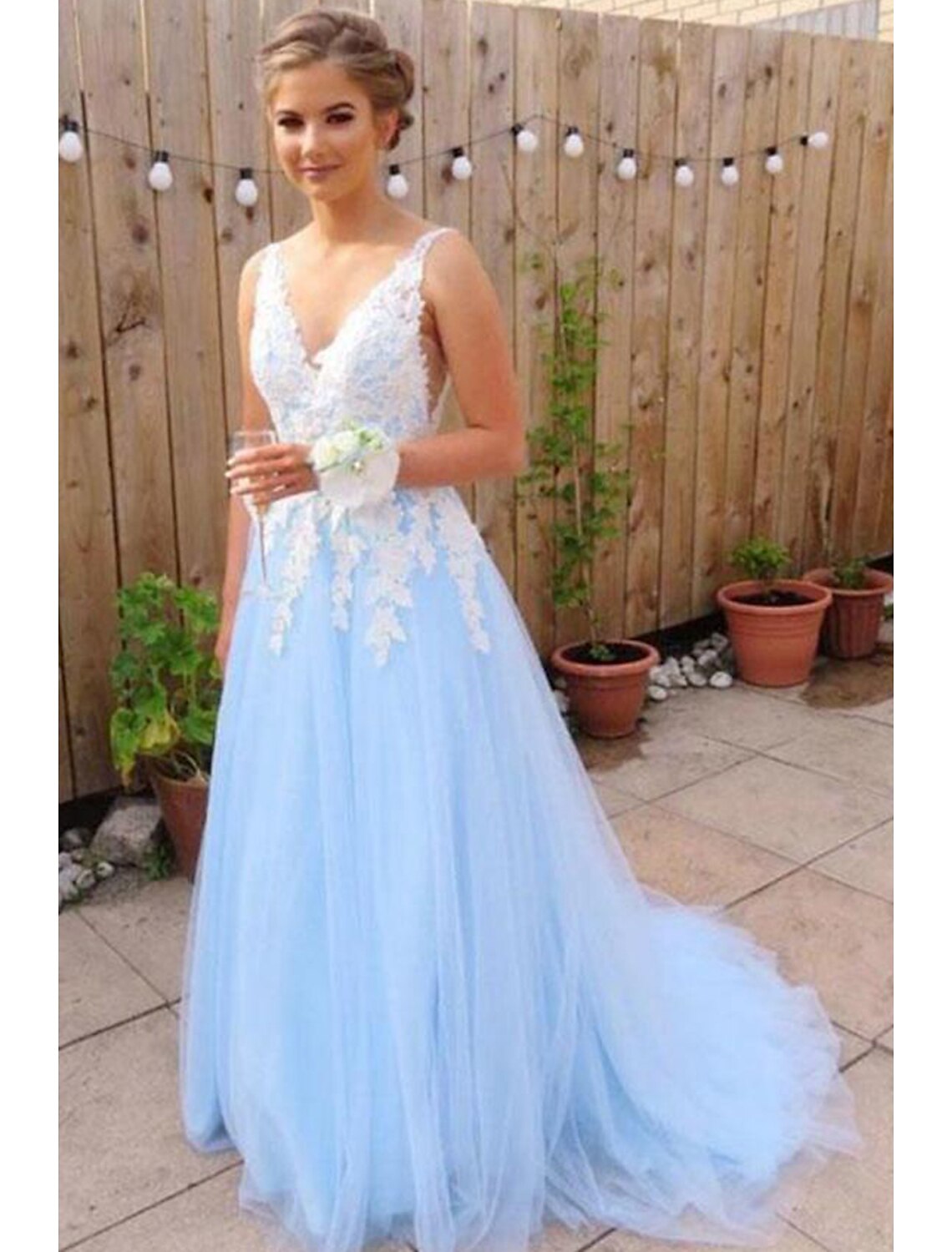 A-Line V-Neck Tulle Sleeveless Train Prom Dress - Chloe Dress
