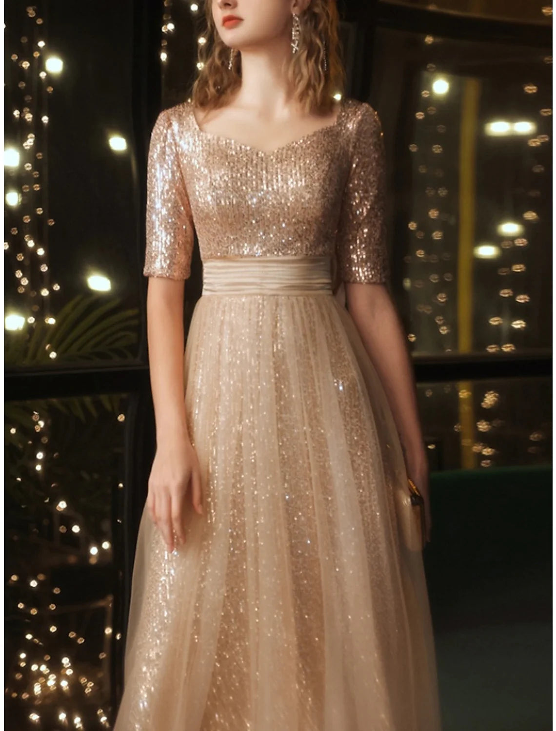 A-Line Square Neck Sequin Short Sleeve Pleated Mini Prom Dress - Chloe Dress