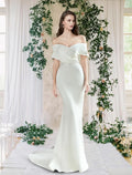 Sheath Off-Shoulder Satin Cap Sleeve Train Wedding Gown - Chloe Dress