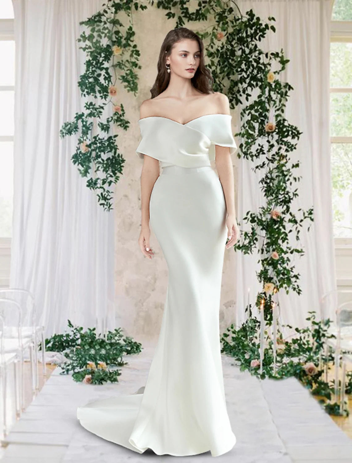 Sheath Off-Shoulder Satin Cap Sleeve Train Wedding Gown - Chloe Dress