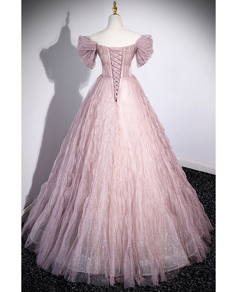 Pink A-Line Off-Shoulder Sequin Short Sleeve Backless Applique Mini Evening Dress - Chloe Dress