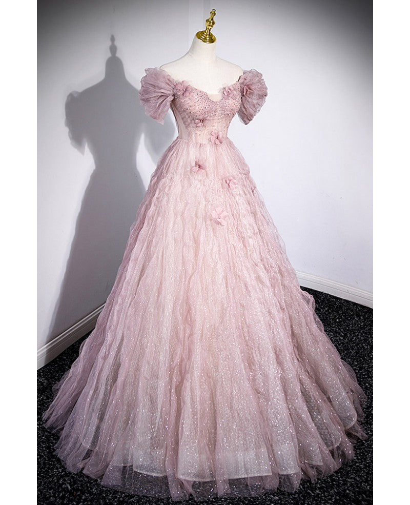 Pink A-Line Off-Shoulder Sequin Short Sleeve Backless Applique Mini Evening Dress - Chloe Dress
