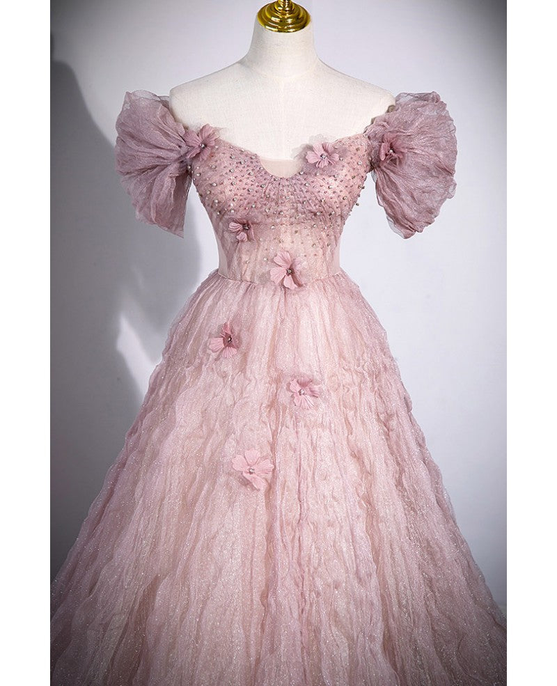 Pink A-Line Off-Shoulder Sequin Short Sleeve Backless Applique Mini Evening Dress - Chloe Dress