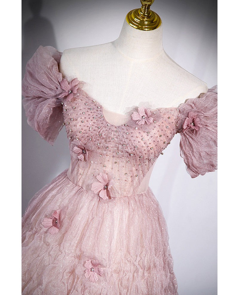 Pink A-Line Off-Shoulder Sequin Short Sleeve Backless Applique Mini Evening Dress - Chloe Dress