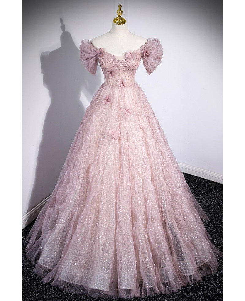 Pink A-Line Off-Shoulder Sequin Short Sleeve Backless Applique Mini Evening Dress - Chloe Dress