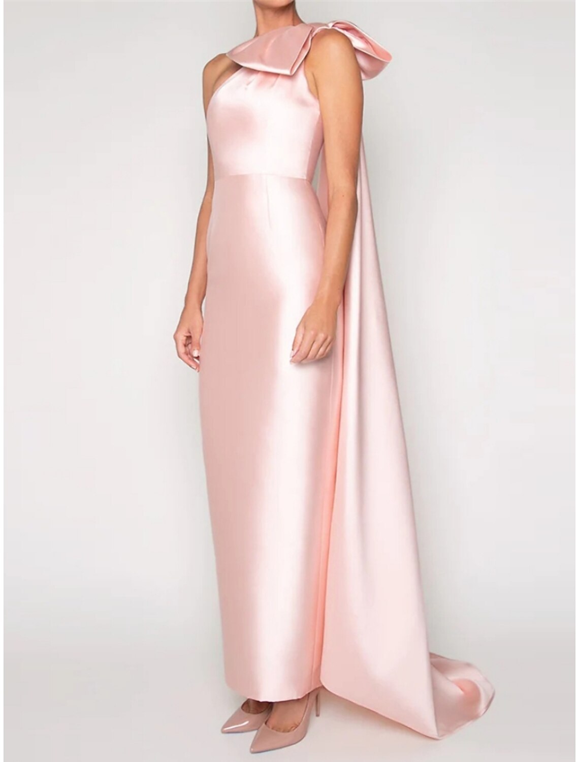 Green Sheath One-Shoulder Satin Sleeveless Train Evening Gown - Chloe Dress