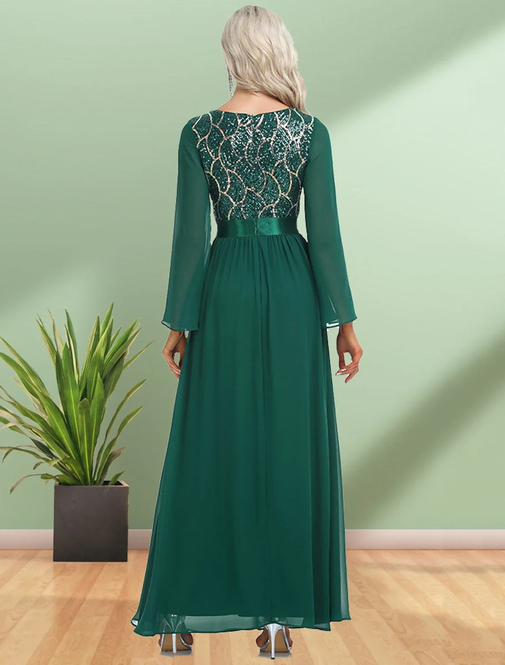 A-Line V-Neck Chiffon Long Sleeve Floor-Length Evening Gown - Chloe Dress