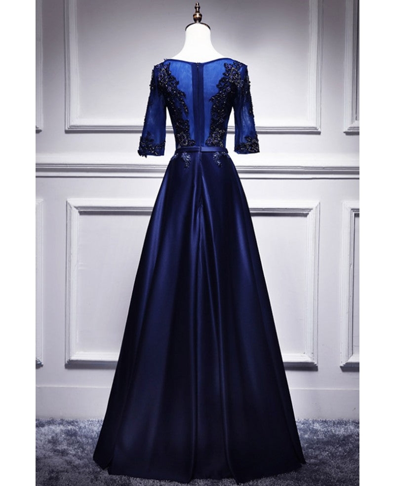 Blue V-Neck Satin Short Sleeve Zipper Back Beaded Floor-Length Evening Dress - Chloe Dress