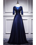 Blue V-Neck Satin Short Sleeve Zipper Back Beaded Floor-Length Evening Dress - Chloe Dress